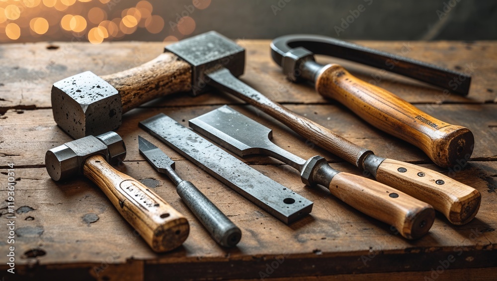 A vibrant flat lay of old hand tools: a hammer, chisel, and wooden-handled screwdrivers on a workbench A vibrant flat lay of old hand tools: a hammer, chisel, and wooden-handled screwdrivers on a workbench