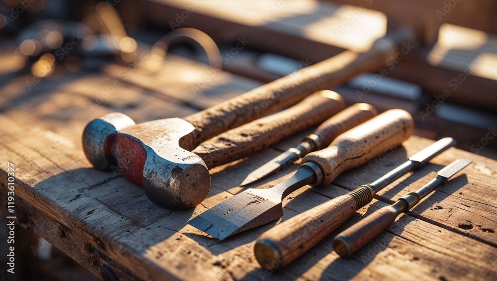 Obraz premium A vibrant flat lay of old hand tools: a hammer, chisel, and wooden-handled screwdrivers on a workbench