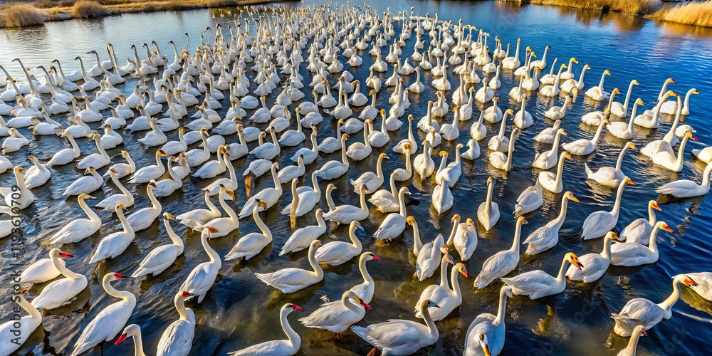 Obraz premium A large group of swans swims gracefully in a calm body of water under bright sunlight. The surrounding landscape features lush vegetation and a peaceful atmosphere, creating a stunning sight