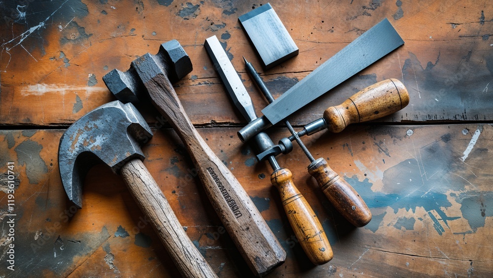 A vibrant flat lay of old hand tools: a hammer, chisel, and wooden-handled screwdrivers on a workbench A vibrant flat lay of old hand tools: a hammer, chisel, and wooden-handled screwdrivers on a workbench