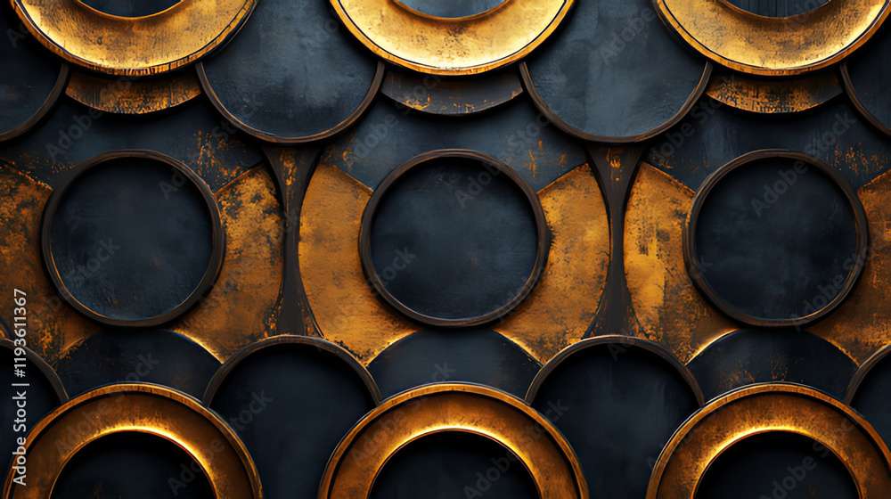 Abstract dark metallic background with overlapping circles in gold and black. Abstract dark metallic background with overlapping circles in gold and black.