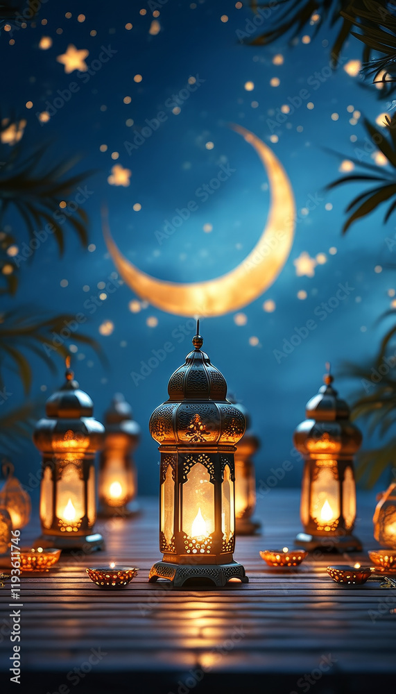 Ramadan product display podium background, Lantern-lit Ramadan theme, elegant brass lanterns, emitting soft, warm light, crescent moons and stars in a deep blue night sky, ad, podium platform Ramadan product display podium background, Lantern-lit Ramadan theme, elegant brass lanterns, emitting soft, warm light, crescent moons and stars in a deep blue night sky, ad, podium platform