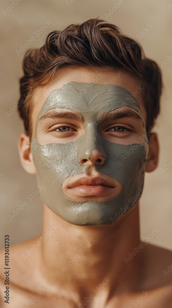 Man with earthy clay mask and serene expression. Man with earthy clay mask and serene expression.