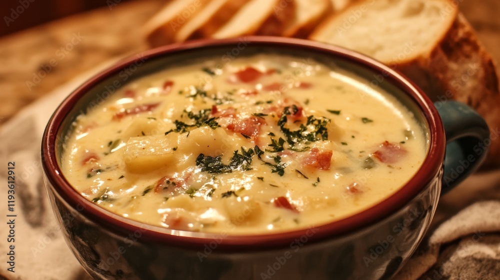 Creamy potato bacon soup in bowl with bread slices on rustic table Creamy potato bacon soup in bowl with bread slices on rustic table