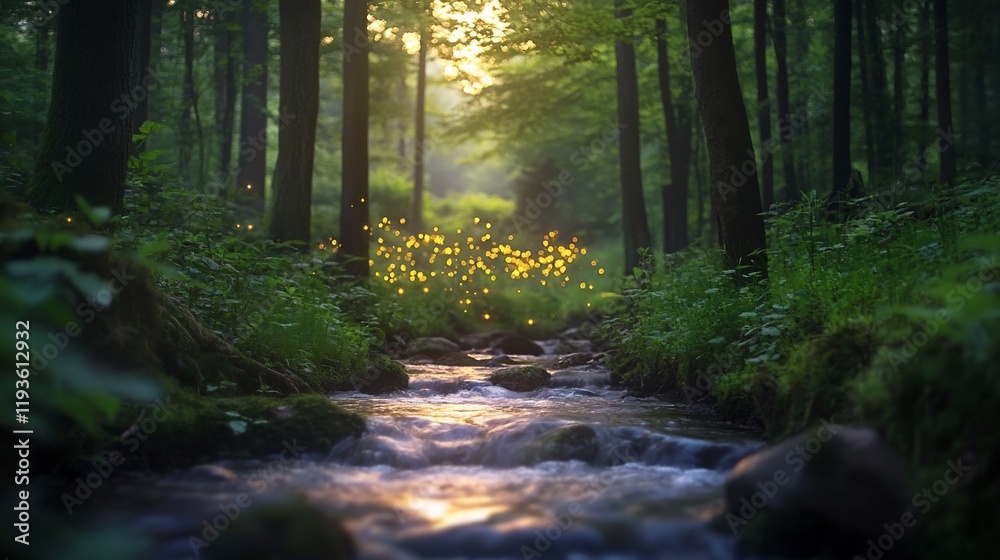 Obraz premium Enchanted Forest Stream With Fireflies At Sunset