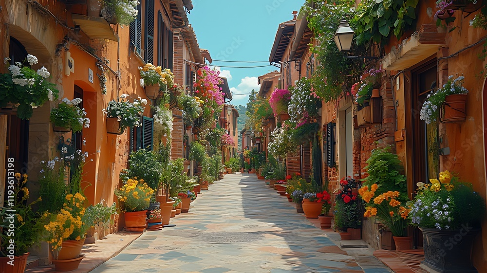 Fototapeta premium Sunlit cobblestone street in a charming town, lined with colorful flowers and terracotta buildings.