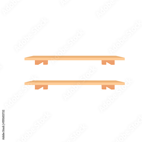 Wooden store shelves. Empty product shelf, grocery wall rack. Mall and supermarket furniture, bookshelf. Interior design. Vector illustration.