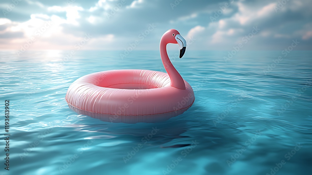 Fototapeta premium Pink flamingo inflatable ring floats on calm ocean water under a cloudy sky.