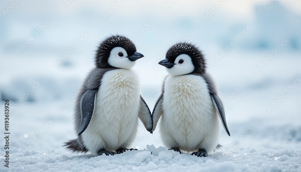 Fototapeta premium Two fluffy baby penguins are standing closely on the snow-covered ground in Antarctica. The soft, white snow surrounds them as their innocent expressions create a heartwarming scene