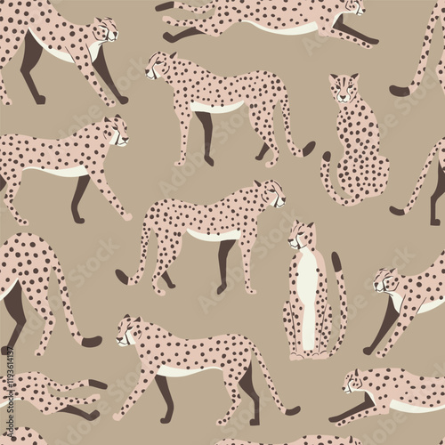 Cheetah big cat exotic seamless pattern - Mocha Mousse - hand drawn vector illustration
