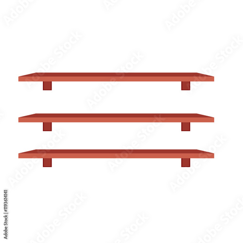 Wooden store shelves. Empty product shelf, grocery wall rack. Mall and supermarket furniture, bookshelf. Interior design. Vector illustration.