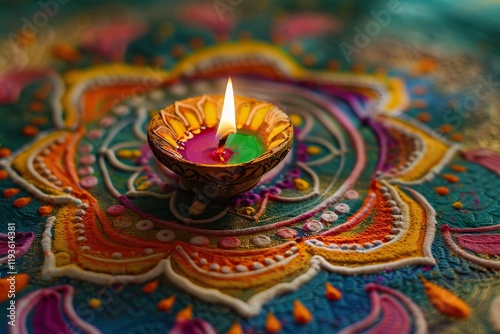 Traditional diya lamp lit on colorful rangoli photo