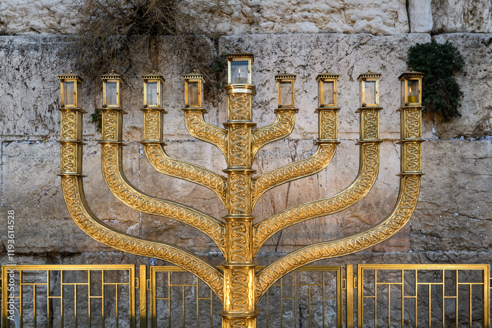 Naklejka premium The official Hanukkah menorah of the Western Wall in Jerusalem, burning during the eight-day Festival of Lights in Israel. .