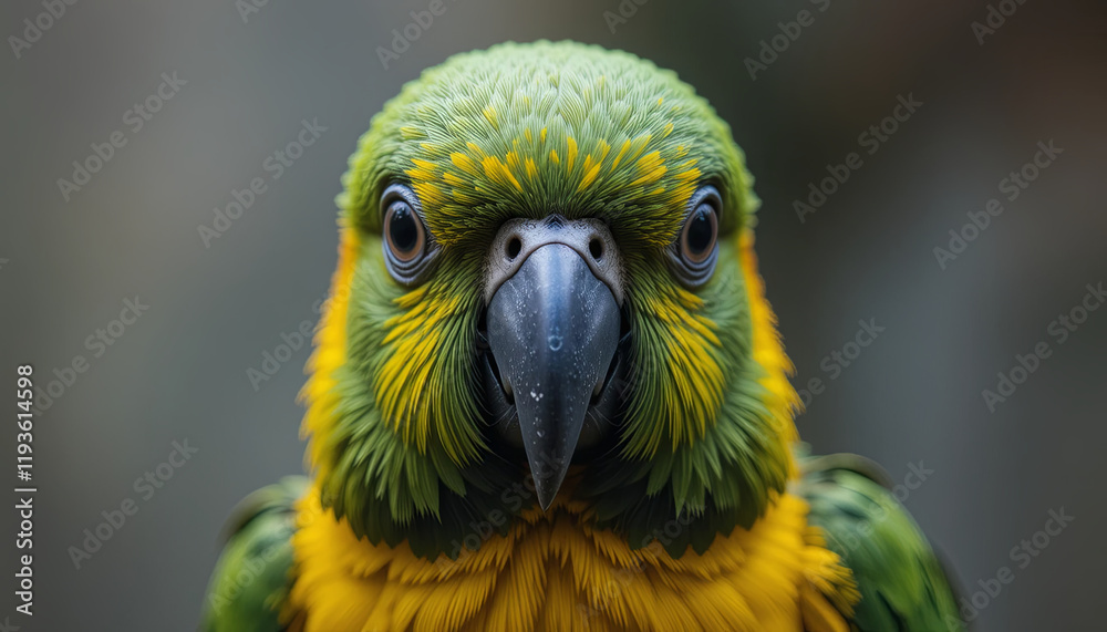 A colorful parrot displays its striking green and yellow feathers, showcasing intricate patterns, as it gazes directly at the observer in bright daylight A colorful parrot displays its striking green and yellow feathers, showcasing intricate patterns, as it gazes directly at the observer in bright daylight