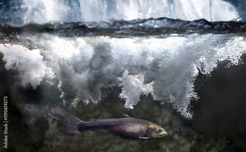 A rainbow trout is seen beneath a waterfall in an underwater photograph made in a stream in Tennessee, USA. Thiis an AI upscaled photograph.