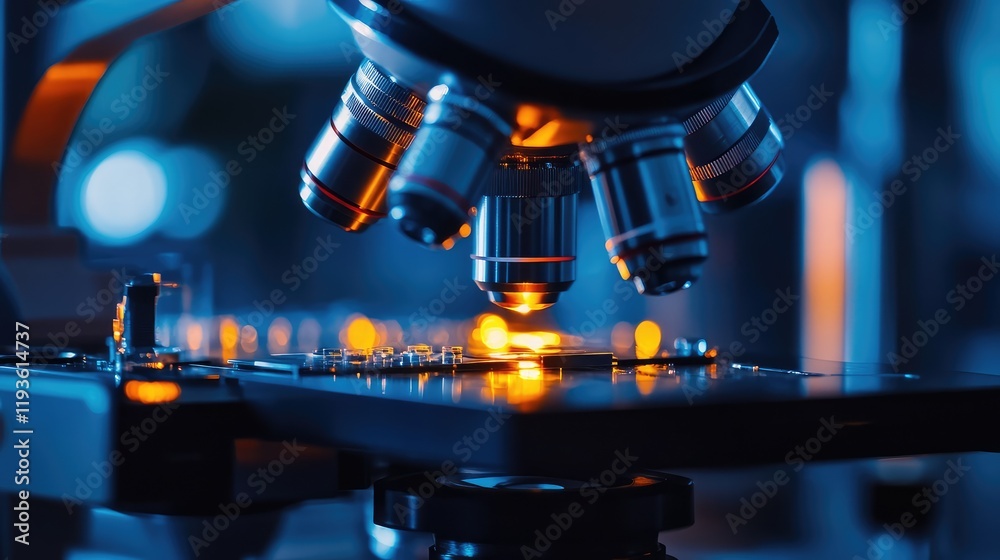 Quantum chip under examination with glowing microscope projections illuminating its fine details