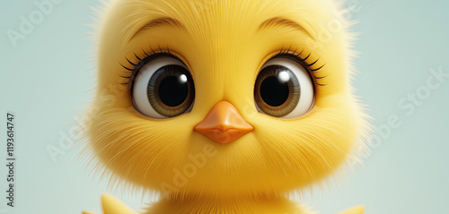 A small, adorable yellow chick with large, expressive eyes stands with its wings slightly outstretched. The background is soft and pale, enhancing the chick's charm