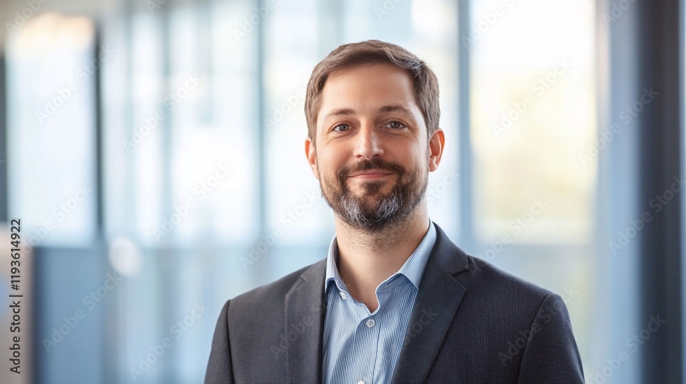 A smiling man in a dark suit poses for a portrait A smiling man in a dark suit poses for a portrait