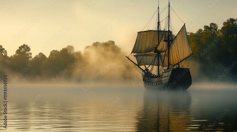 Fototapeta premium Majestic Sailing Ship In Morning Mist