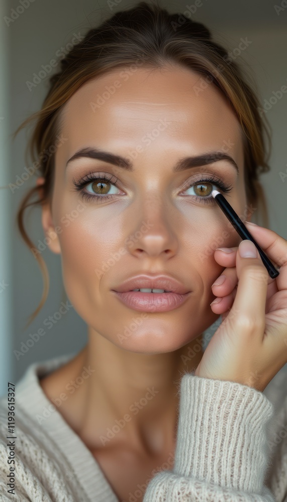 A beautiful woman with striking green eyes is applying eyeliner, showcasing her flawless skin and natural beauty. The soft lighting highlights her features, creating an intimate atmosphere that A beautiful woman with striking green eyes is applying eyeliner, showcasing her flawless skin and natural beauty. The soft lighting highlights her features, creating an intimate atmosphere that