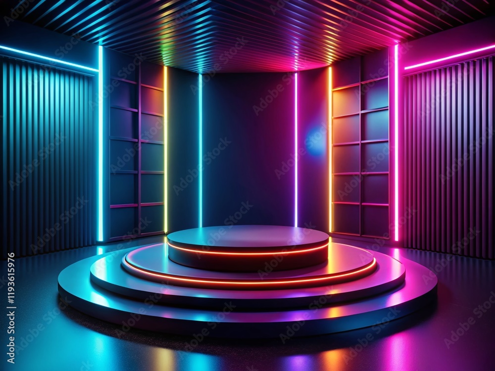 Minimalist 3D Render: Cyberpunk Neon Studio with Round Podium - Drone View