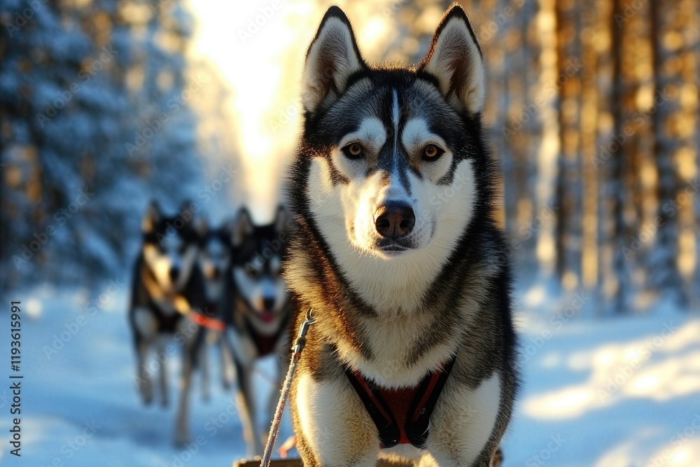 A dog sled team of huskies is running through the snow-covered forest in Lapland, Finland A dog sled team of huskies is running through the snow-covered forest in Lapland, Finland
