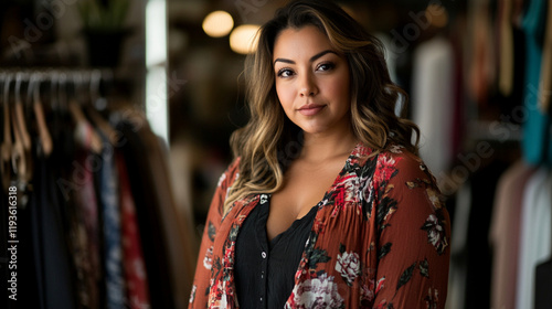 Stylish Hispanic Woman in Floral Cardigan Posing in Boutique Clothing Store