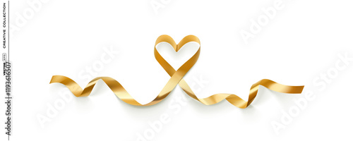 Golden ribbon in heart shape isolated on transparent background in realistic vector design. Valentin's Day, Woman's day or love marriage romantic decoration of golden ribbon heart