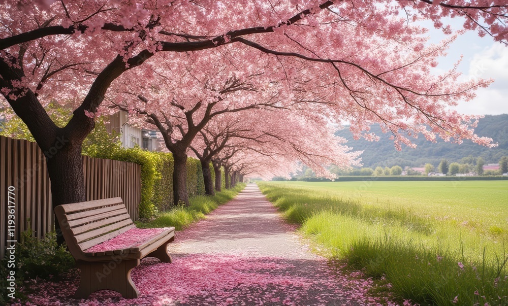 Idyllic spring pathway under cherry blossoms Idyllic spring pathway under cherry blossoms