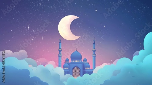 Eid-al-Adha Mubarak Vector Graphic Card. Moon, lantern, mosque in the clouds. Eid photo