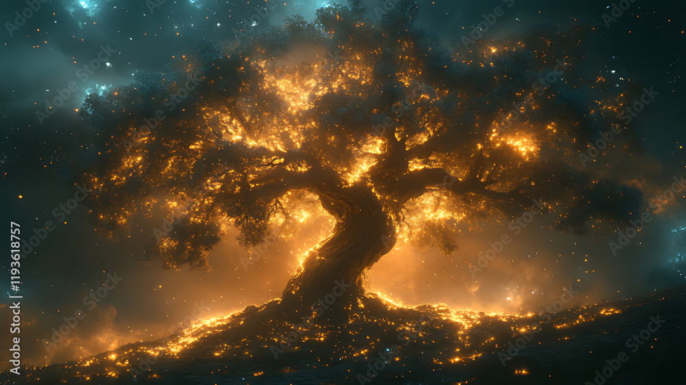 Fototapeta premium Glowing cosmic tree ablaze in a nebula.