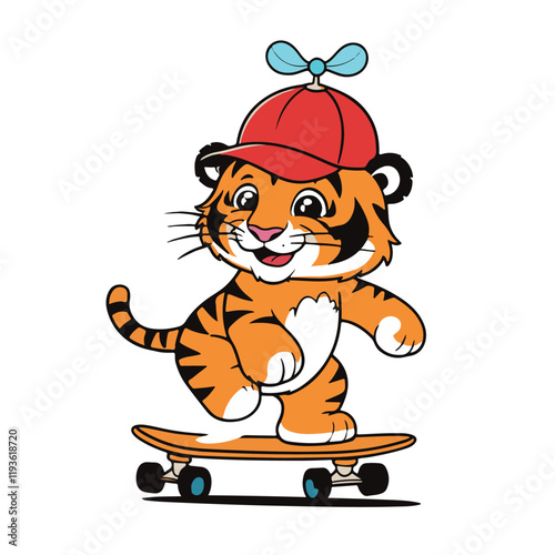  a cartoon tiger cub skateboarding and waving. The tiger cub is wearing a red baseball cap with a propeller on top. It has a big smile on its face and looks like it's having a lot of fun. The backgrou