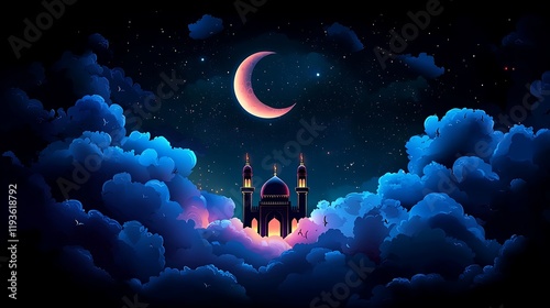 Eid-al-Adha Mubarak Vector Graphic Card. Moon, lantern, mosque in the clouds. Eid photo