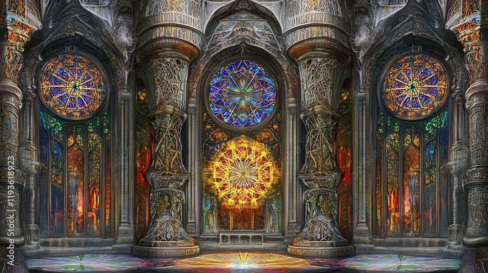 Obraz premium Detailed depiction of sacred architecture stained glass windows and intricate sacred geometry designs