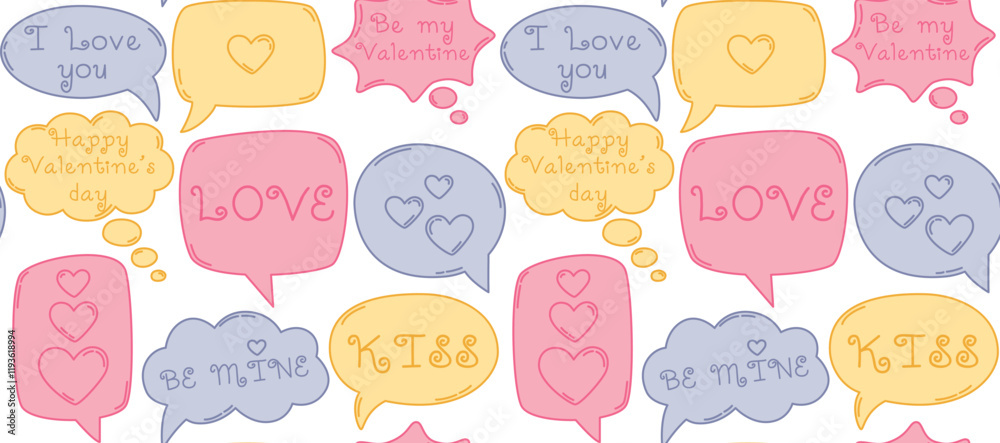 Seamless romantic pattern with different shape speech bubbles with words of love. Valentine's Day background Seamless romantic pattern with different shape speech bubbles with words of love. Valentine's Day background