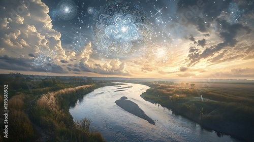 Sacred river flowing through holy landscape with divine miracles and celestial patterns in the sky photo