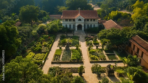 Serene monastery surrounded sacred gardens with symbols of asceticism and solitude photo