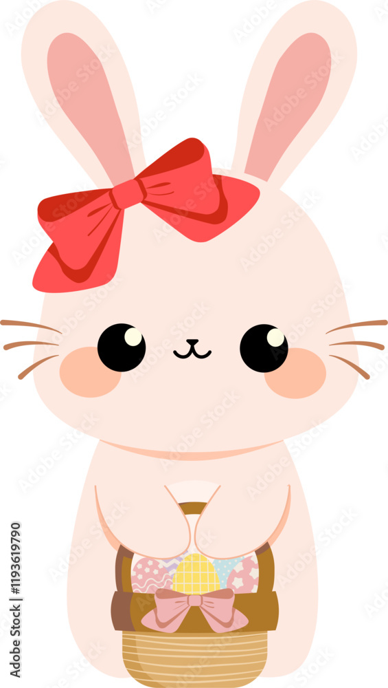 Fototapeta premium Easter bunny holding egg basket wearing red bow isolated vector design element