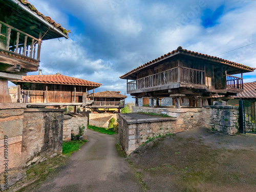 Paneras and horreos, typical buildings in Asturias, Baselgas village, Grado municipality, Asturias, Spain