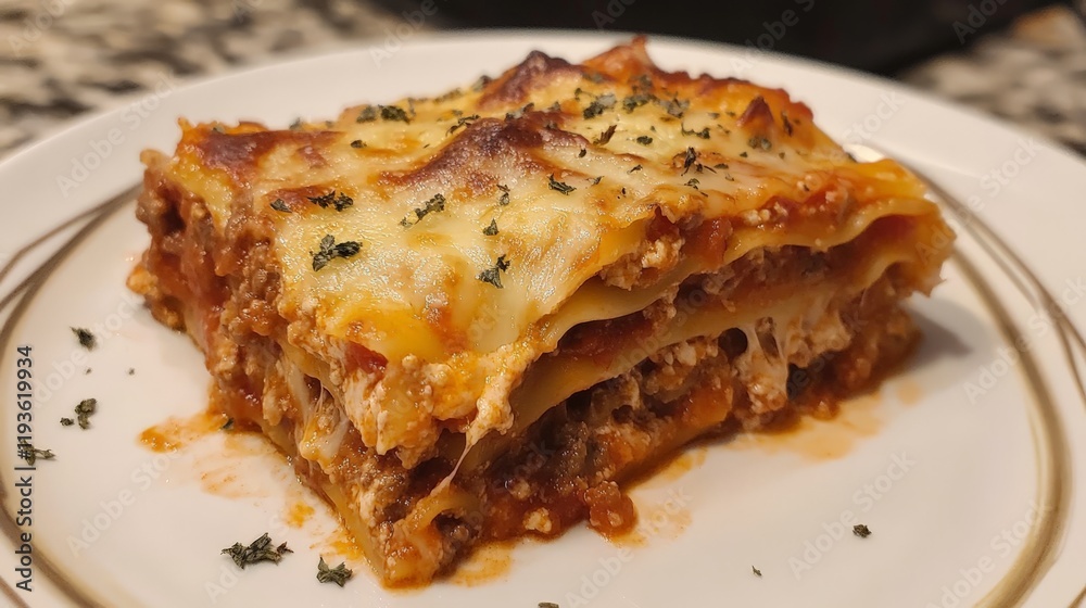 Delicious homemade beef lasagna with melted cheese and herbs Delicious homemade beef lasagna with melted cheese and herbs