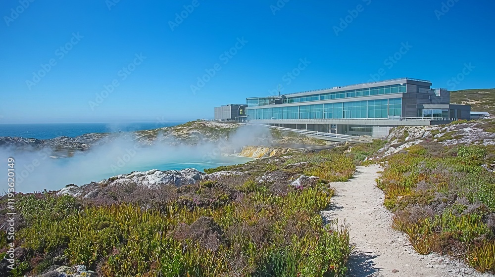 Modern coastal building near geothermal spring. Modern coastal building near geothermal spring.