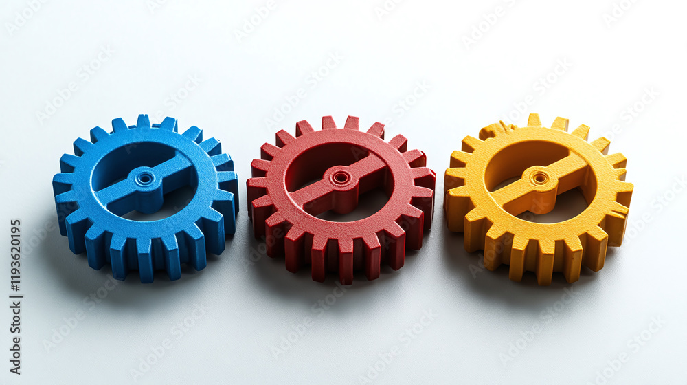 Set of three cogwheels of different colors, red, blue and yellow golden gear isolated on white background. technology machinery mechanism, factory industry technical engineering, motion,progress.
