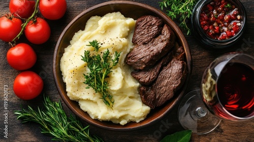 Sliced beef with mashed potatoes, herbs, wine, tomatoes on rustic wood table. photo