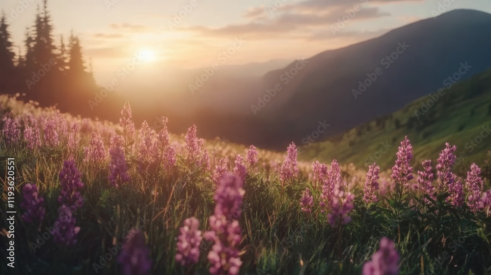 Obraz premium Sunlit meadow with purple lupine flowers and distant mountains