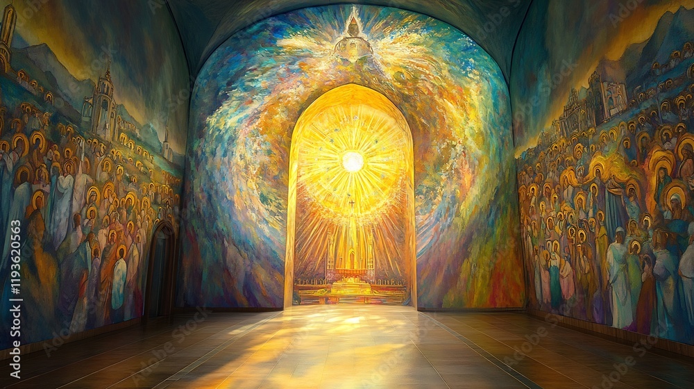 Illuminated murals depicting religious stories sacred rituals symbolic geometry within ornate places of worship Illuminated murals depicting religious stories sacred rituals symbolic geometry within ornate places of worship