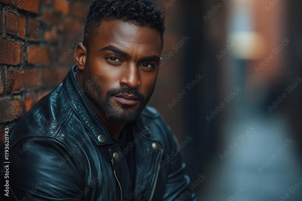man in a leather jacket sharp features and strong presence captured in a closeup shot that conveys confidence and rugged style enhanced by dramatic lighting and urban background man in a leather jacket sharp features and strong presence captured in a closeup shot that conveys confidence and rugged style enhanced by dramatic lighting and urban background