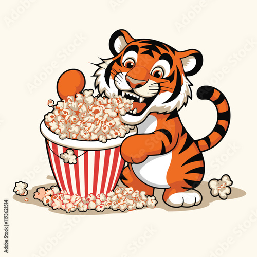 cute tiger with pop corn childish character
