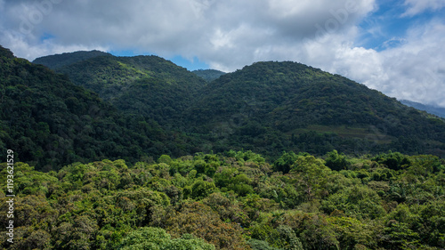 Beautiful aerial view of the preserved mountains of the Serra do Mar State Park, Ubatuba / SP, in the Atlantic Forest biome, near Praia da Fazenda, a sustainable tourist destination.