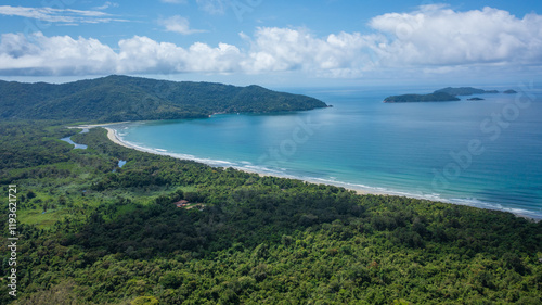 Beautiful aerial view of a preserved area, Fazenda Beach, within the Serra do Mar State Park, a destination for sustainable and ecological tourism in Atlantic Rainforest, between Montains and Sea. photo