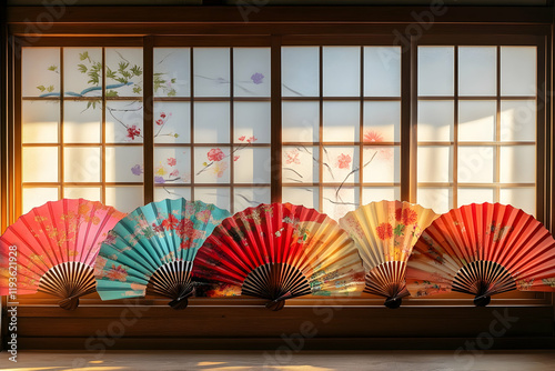 Collection of vibrant Japanese fans displayed in a traditional setting photo